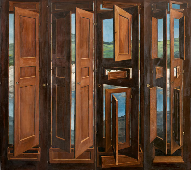 Marcel Jean. Armoire surréaliste (Surrealist Wardrobe), 1941. Oil on wood panel, 71 1/16 × 83 1/16 × 35 7/16 in. (180.5 × 211 × 90 cm).
© Musée des arts décoratifs, Paris, gift of the artist 1994.