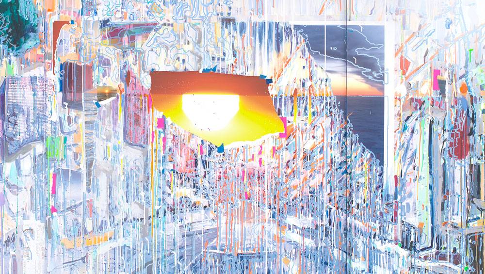 Sarah Sze. Double Take Apparition, 2021. Oil paint, acrylic paint, acrylic polymers, ink, aluminum, diabond and wood, 262.2 x 328.2 x 7.9 cm (103 1/4 x 129 1/4 x 3 1/8 in). © Sarah Sze. Courtesy the artist and Victoria Miro.