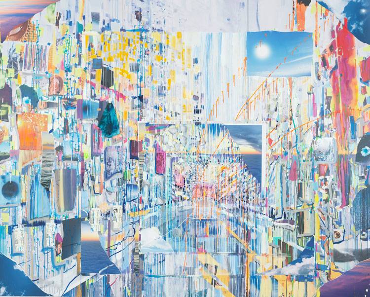 Sarah Sze. Double Take, 2021. Oil paint, acrylic paint, acrylic polymers, ink, aluminum, diabond and wood, 262.2 x 328 x 7.9 cm (103 1/4 x 129 1/8 x 3 1/8 in). © Sarah Sze,
Courtesy the artist and Victoria Miro.