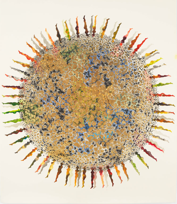 Shahzia Sikander. Infinite Woman, 2021. Watercolour, ink, gouache and gold leaf on paper, 167.6 x 152.4 cm (66 x 60 in). Courtesy of the Artist and Pilar Corrias, London.