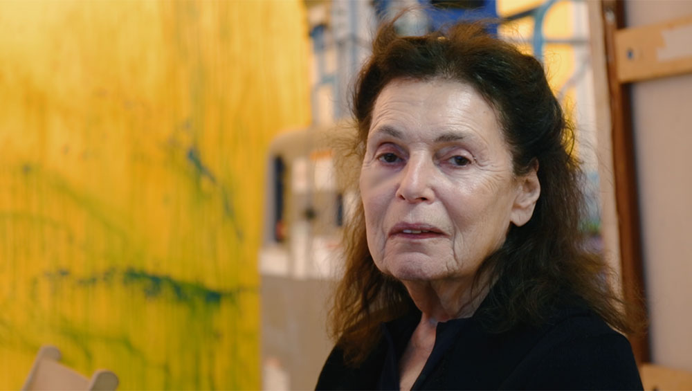 Pat Steir in her studio. Film still, Pat Steir: Artist, 2019. Courtesy Pat Steir and Veronica Gonzalez Peña.