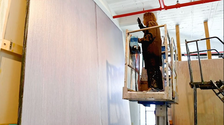 Pat Steir working in her studio on Lila Judith, 2016–17. Photo courtesy Pat Steir and Veronica Gonzalez Peña.