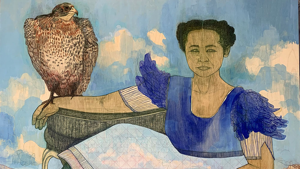 Pamela Phatsimo Sunstrum. The Two II, 2020. Pencil, oil and acrylic on wood panel, 152 x 152 cm. © the artist.