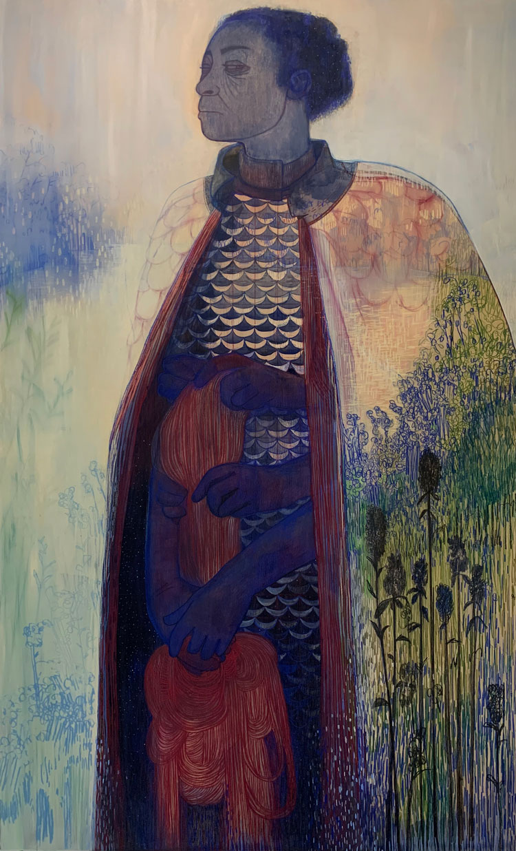 Pamela Phatsimo Sunstrum. The Knitter, 2020. Pencil, oil and acrylic on wood panel, 122 x 91 cm. © the artist.