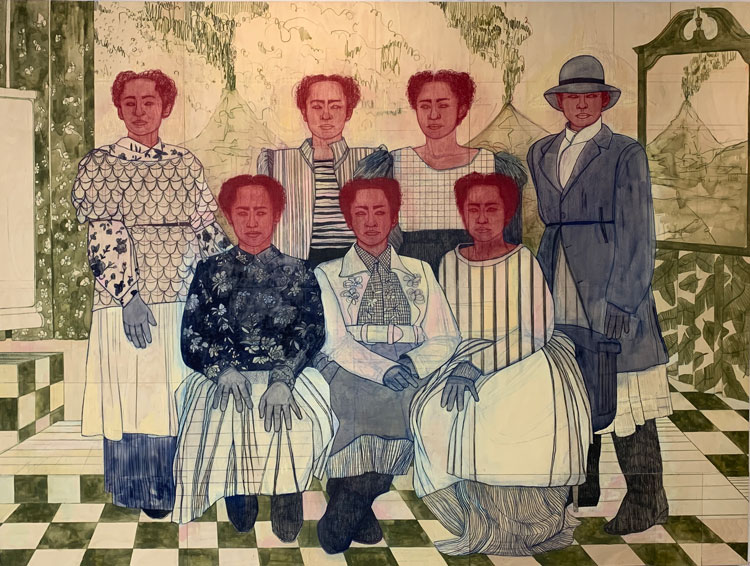 Pamela Phatsimo Sunstrum. The Seven, 2020. Pencil, oil and acrylic on wood panel, 183 x 244 cm. © the artist.