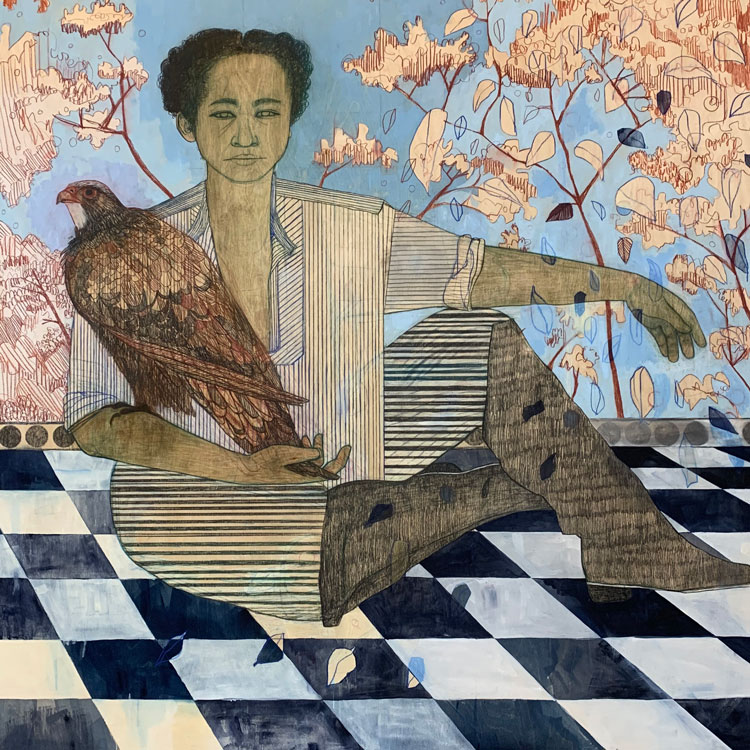 Pamela Phatsimo Sunstrum. The Two I, 2020. Pencil, oil and acrylic on wood panel, 152 x 152 cm. © the artist.