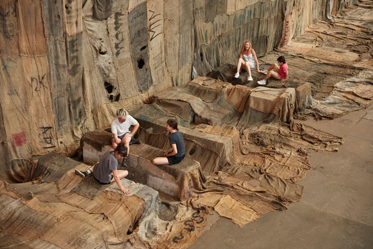 Ibrahim Mahama, No Friend but the Mountains 2012-2020, 2020. Installation view for the 22nd Biennale of Sydney (2020), Cockatoo Island. Commissioned by the Biennale of Sydney with generous support from Anonymous, and assistance from White Cube. Courtesy the artist; Apalazzo Gallery, Brescia and White Cube, London / Hong Kong. Photograph: Zan Wimberley.