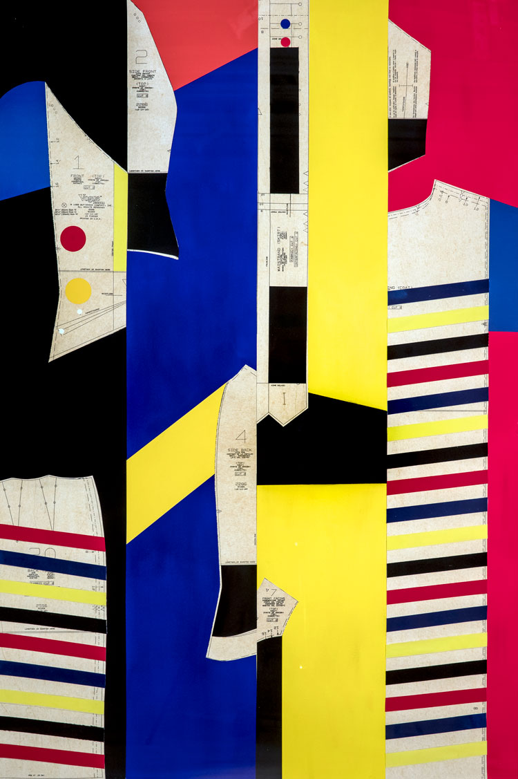 Derrick Adams, Runway No. 1, 2017. Clothing patterns, acrylic, and fabric, 60 x 40 in. Courtesy of the artist, Luxembourg & Dayan, New York/London, and Salon 94, New York.