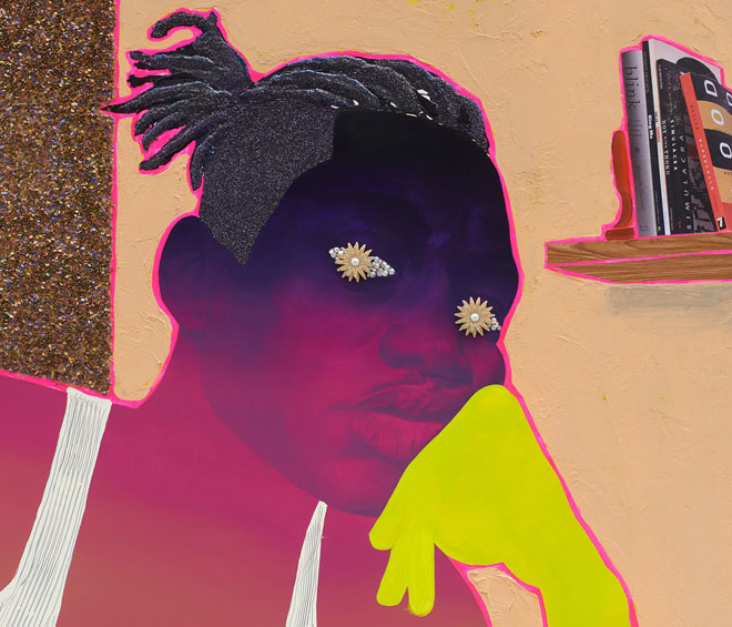 Devon Shimoyama, Miles, 2019. Oil, acrylic, colour pencil. jewellery, Flashe, glitter, collage, sequins and fabric on canvas
stretched over panel, 60 x 48 in (152.4 x 121.9 cm). Image courtesy De Buck Gallery, New York.