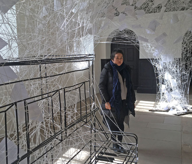 Chiahru Shiota in the chapel at Yorkshire Sculpture Park. Photograph: Veronica Simpson.