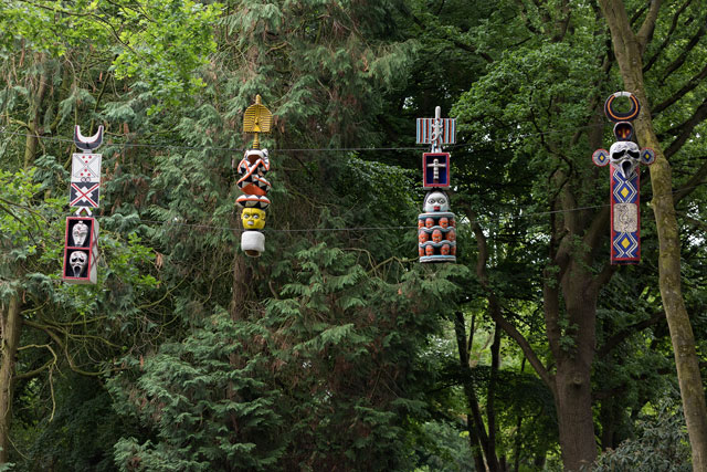 Hervé Doumbi. Les masques célèstes, installation view, Münster, 2017. © Sculptur Projekte 2017. Photograph: Henning Rogge.
