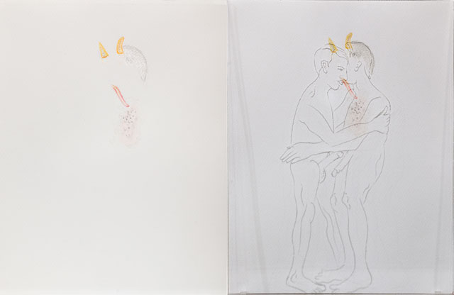 Mithu Sen. Same River Twice, 2013 (detail). Programmed lighting and shadow drawing on engraved acrylic glasses, mixed media watercolour on paper, 10.5 x 12.5 in (each). Courtesy Chemould Prescott Road, Mumbai.