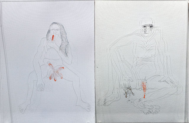 Mithu Sen. Same River Twice, 2013 (detail). Programmed lighting and shadow drawing on engraved acrylic glasses, mixed media watercolour on paper, 10.5 x 12.5 in (each). Courtesy Chemould Prescott Road, Mumbai.