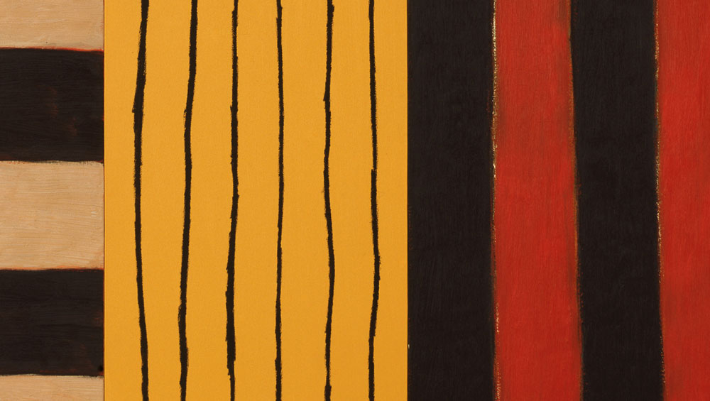 Sean Scully. A Green Place, 1987. Oil on linen, 84 x 86 1/2 x 5 1/4 in (213.4 x 219.7 x 13.3 cm). Image courtesy Mnuchin Gallery, New York. © Sean Scully. Photograph: Tom Powel Imaging.