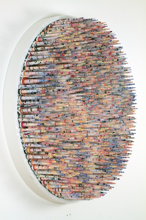 Hadieh Shafie. Spike 8 (Telesm series), 2015. Ink, acrylic and paper with printed and handwritten Farsi text Eshgh (Love/Passion), 36 x 7.5 in (91.4 x 19 cm). Courtesy of the artist and Leila Heller Gallery, New York. Photograph: Jason Fagan.