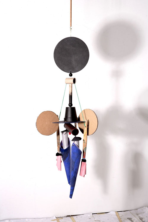 Sally Smart. Artists Dolls #9 Ballet Puppen (OSKAR), 2011-12. Synthetic polymer paint and ink on canvas and fabric with wood, cardboard and various collage elements, 120 cm (h). Courtesy the artist and Purdy Hicks Gallery, London.