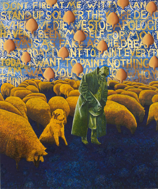 David Brian Smith. Great Expectations - Witty man, 2012. Oil, gold and silver leaf on herringbone linen, 180 x 150 cm.