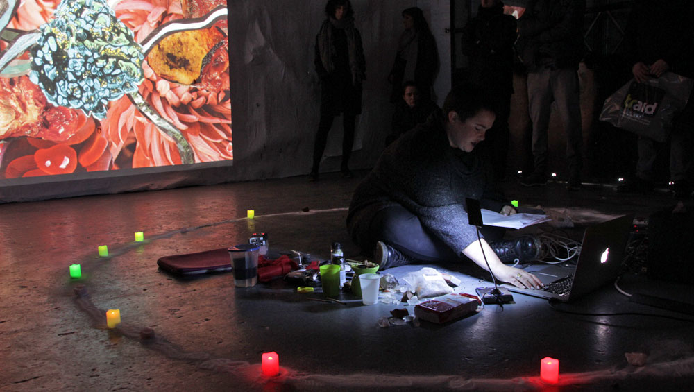 Linda Stupart. A Spell to Bind All-Male Conference Panels, 2016. Performance (with salt circle, projection, remote controlled candles, felt, myrrh, thread, Tupperware box). Arcadia Missa.