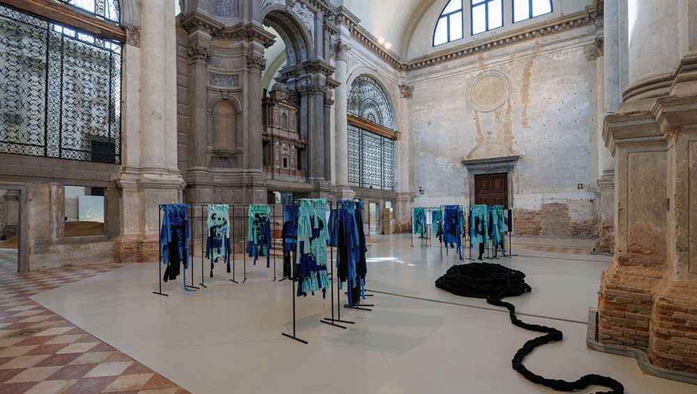 Verena Melgarejo Weinandt, Weaving Connections, 2026. Exhibition view, Tide of Returns, Ocean Space, Venice. Commissioned and produced by TBA21–Academy. Photo: Jacopo Salvi.