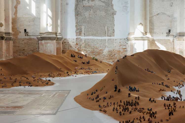 Repatriates Collective, From My Mother’s Country, 2026. Exhibition view, Tide of Returns, Ocean Space, Venice. Commissioned and produced by TBA21–Academy. Photo: Jacopo Salvi.