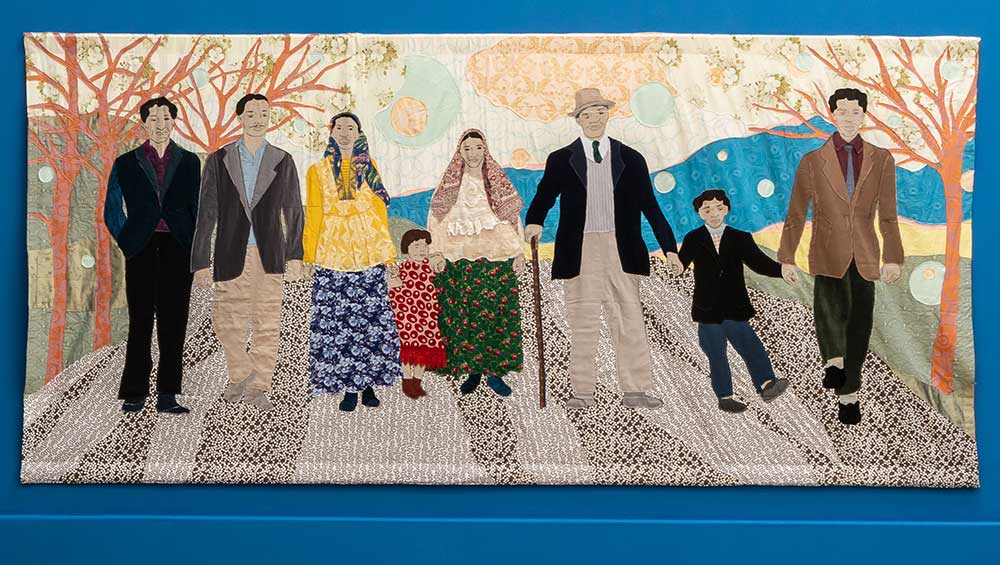 Małgorzata Mirga-Tas, Maria’s Romani Family, 2022. We won’t stay silent any longer. Part of The Dead Don’t Go Until We Do, 2026. Exhibition view, Talbot Rice Gallery, the University of Edinburgh. Photo: Sally Jubb