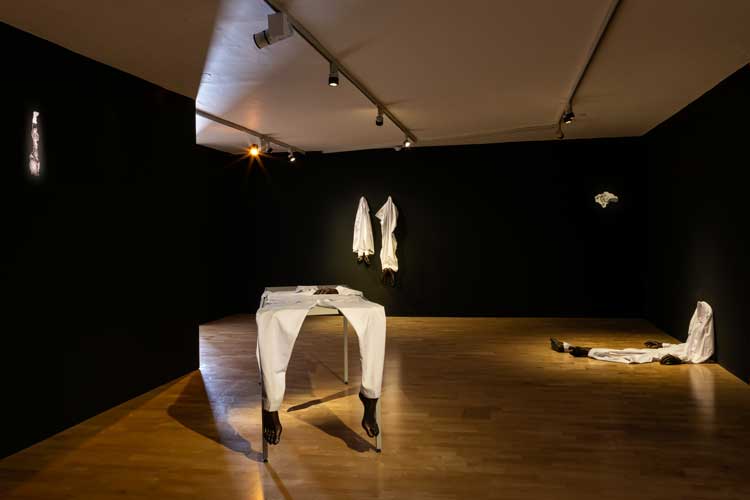 Amol K Patil, Who is invited to the city?, 2026. Part of The Dead Don’t Go Until We Do, 2026. Exhibition view, Talbot Rice Gallery, the University of Edinburgh. Photo: Sally Jubb.