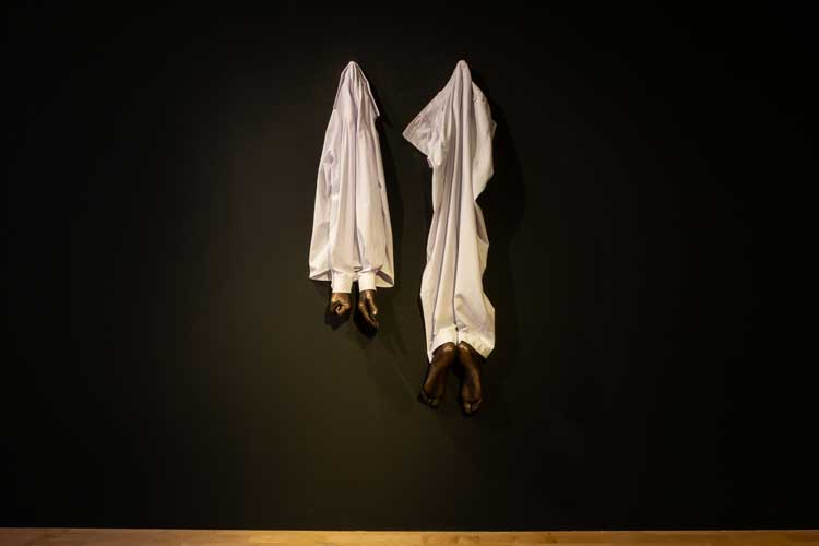 Amol K Patil, Who is invited to the city?, 2026. Part of The Dead Don’t Go Until We Do, 2026. Exhibition view, Talbot Rice Gallery, the University of Edinburgh. Photo: Sally Jubb.