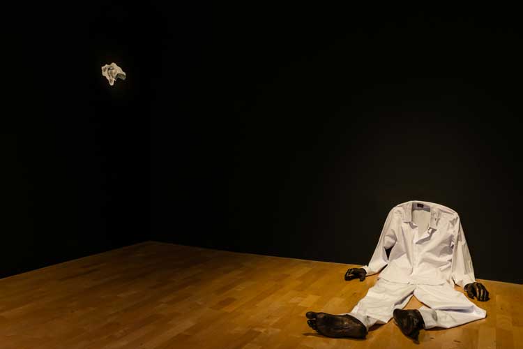 Amol K Patil, Who is invited to the city?, 2026. Part of The Dead Don’t Go Until We Do, 2026. Exhibition view, Talbot Rice Gallery, the University of Edinburgh. Photo: Sally Jubb.