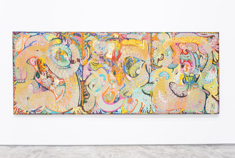 Melania Toma, PELLE (SUDORE, SANGUE, SECREZIONI), 2025. Oil paint, charcoal, sand, pigment, acrylic, graphite, ink, pastel on linen, 450 x 180 cm. Installation view, Integument, Colector Gallery, Monterrey, MX, (2025). © The Artist.