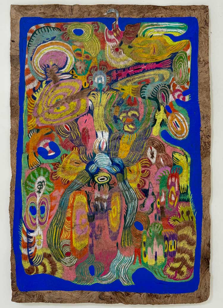 Melania Toma, FOREST BEINGS I, 2025. Pigments, charcoal, crayons, acrylic paint, on papel amate, 60 x 40 cm. © The Artist.