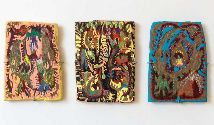 Melania Toma, DOOR I-II-III (from Doors for the Kagneji House series), 2024. Pigments, charcoal, oil pastel, sand,
varnish on wood, 30 x 23 x 3 cm each. © The Artist.