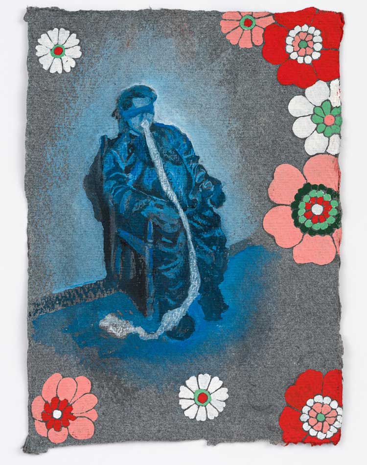 Sarah Sparkes, 101 GHost-stories:27. The Evidence, 2021. Gouache on khadi cotton rag. Collection of The College of Psychic Studies. Image courtesy the artist.