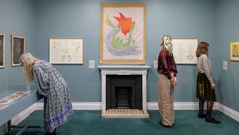 The Medium is the Message, installation view, The College of Psychic Studies, London, 2025. Left to right: Ithell Colquhoun (vitrine), Nicole Frobusch, Chantal Powell, Ithell Colquhoun. Photo: Dan Weill.