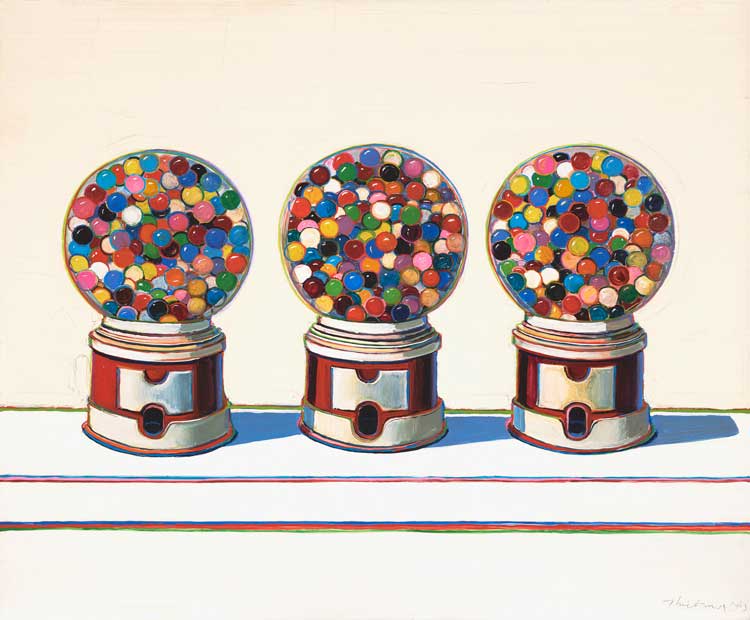 Wayne Thiebaud, Three Machines, 1963. Oil on canvas, 76.2 x 92.7cm. Fine Arts Museums of San Francisco © Wayne Thiebaud / VAGA at ARS, NY and DACS, London 2025. Image: Photo: Randy Dodson, courtesy of the Fine Arts Museums of San Francisco.