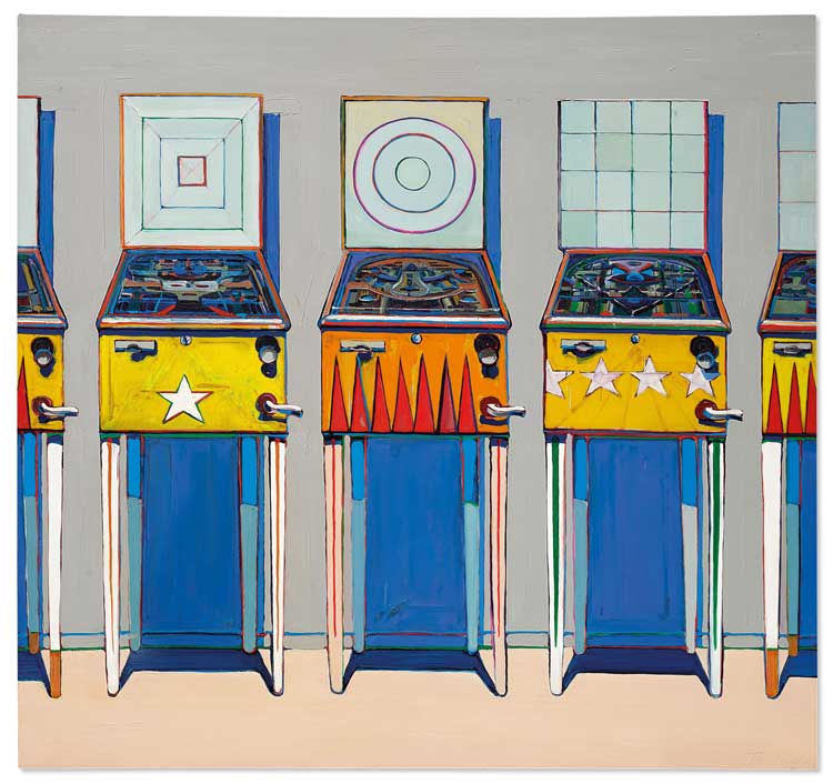 Wayne Thiebaud, Four Pinball Machines, 1962, Oil on canvas, 172.7 x 182.8cm. Private Collection. © Wayne Thiebaud / VAGA at ARS, NY and DACS, London 2025. Image: Courtesy of Acquavella Galleries.