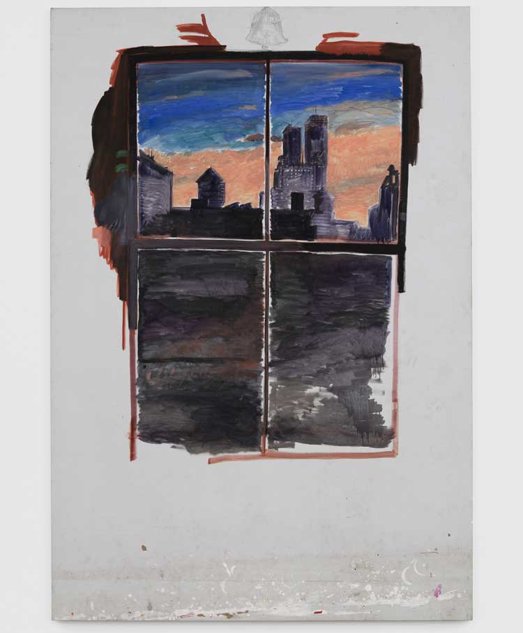 Paul Thek. Untitled (cityscape), 1972. Acrylic on canvas, 166 x 142 cm (65 1/4 x 56 in). © Estate of Paul Thek. Courtesy of Pace Gallery, Galerie Buchholz, Mai 36 Galerie, and the Watermill Center, NY. Photo: Ben Westoby / Fine Art Documentation.