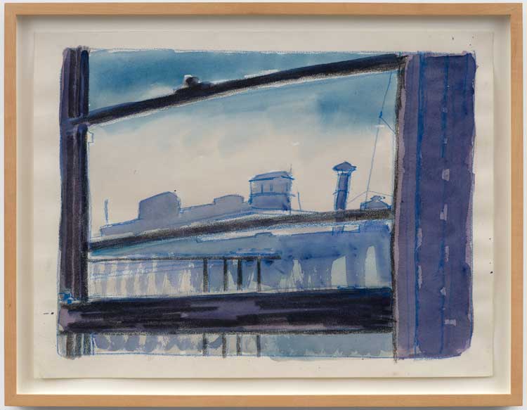 Paul Thek. Untitled (rooftop water tower), 1983-84. Watercolour, chalk on paper, 46 x 61 cm (18 x 24 in). © Estate of Paul Thek. Courtesy of Pace Gallery, Galerie Buchholz, Mai 36 Galerie, and the Watermill Center, NY. Photo: Ben Westoby / Fine Art Documentation.