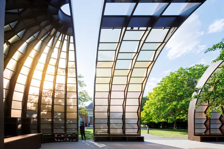 Serpentine Pavilion, 2025, A Capsule in Time, designed by Marina Tabassum, Marina Tabassum Architects (MTA). Exterior view. © Marina Tabassum Architects (MTA), Photo: Iwan Baan, Courtesy, Serpentine.