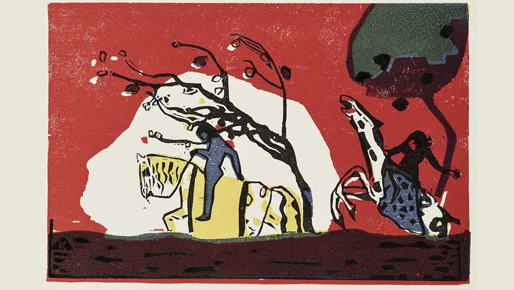 Wassily Kandinsky, Two Riders Against a Red Background, 1911. Colour woodcut (print). © Staatliche Museen zu Berlin, Kupferstichkabinett / Dietmar Katz.