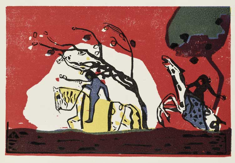 Wassily Kandinsky, Two Riders Against a Red Background, 1911. Colour woodcut (print). © Staatliche Museen zu Berlin, Kupferstichkabinett / Dietmar Katz.