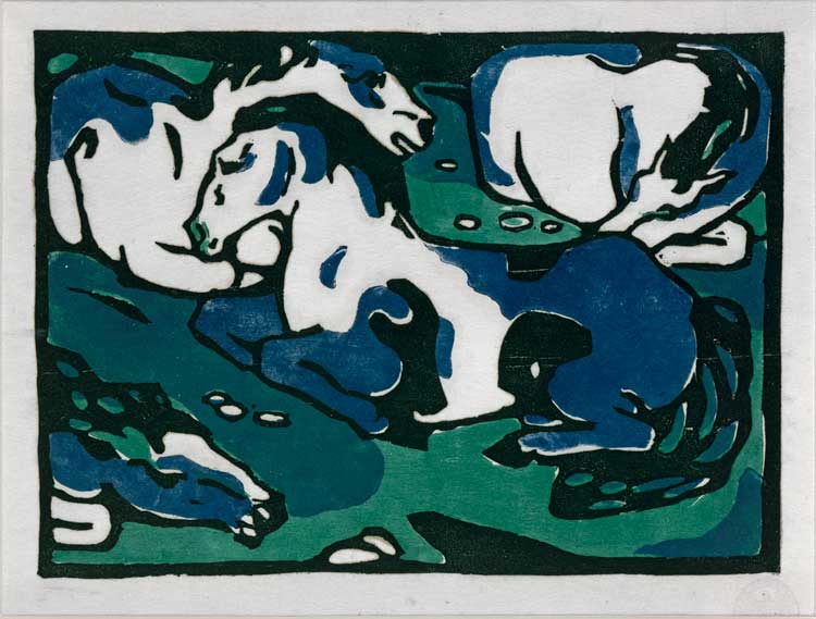 Franz Marc, Resting Horses, 1912. Colour woodcut (print). © Staatliche Museen zu Berlin, Kupferstichkabinett / Dietmar Katz.