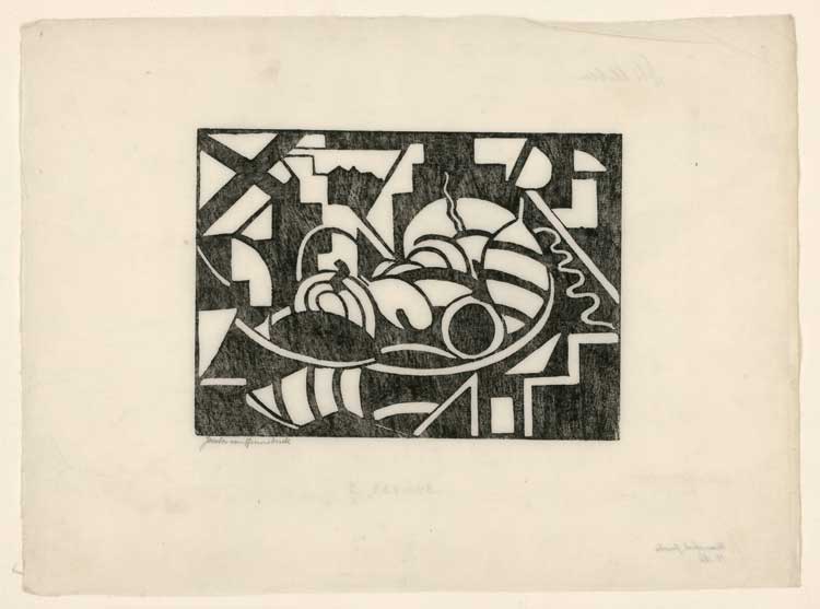 Jacoba van Heemskerck, The Composition (Still Life), 1916. Woodcut. © Kupferstichkabinett, Staatliche Museen zu Berlin / Dietmar Katz.