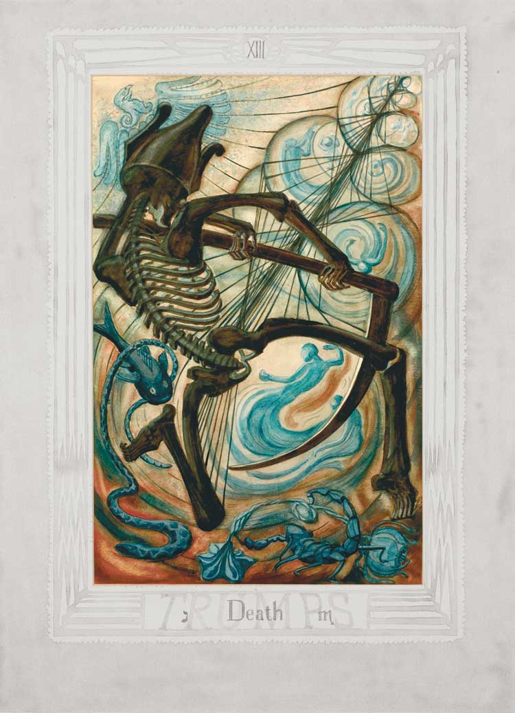 Thoth Tarot card, Death. Installation view, Tarot: Origins & Afterlives at The Warburg Institute, 31 January – 30 April 2025. Photo: Stephen White & Co. Courtesy The Warburg Institute.