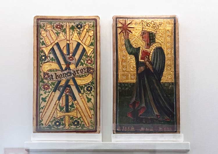 Visconti-Sforza tarot. Installation view, Tarot: Origins & Afterlives, Warburg Institute, London, 2025. Photo: Veronica Simpson.