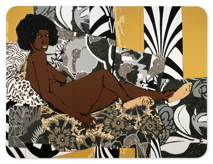 Mickalene Thomas, A Little Taste Outside of Love, 2007. Rhinestones, acrylic, and enamel on wood panel, 108 x 144 in (274.3 x 365.8 cm). © Mickalene Thomas.
