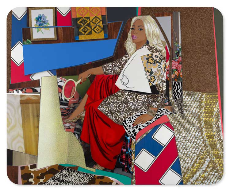 Mickalene Thomas, Din avec la main dans le miroir et jupe rouge, 2023. Rhinestones, acrylic and glitter on canvas mounted on wood panel, 90 x 110 in (228.6 x 279.4 cm). © Mickalene Thomas.