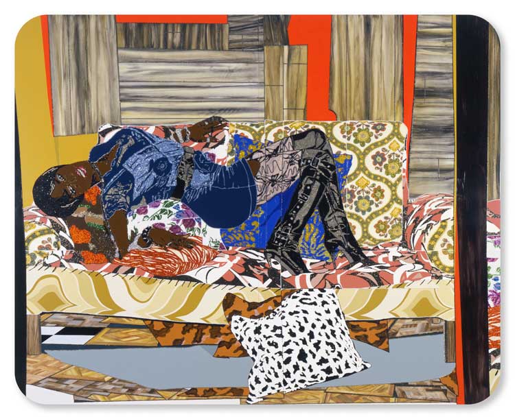 Mickalene Thomas, Naughty Girls (Need Love Too), 2009. Rhinestones, acrylic, and enamel on wood panel, 96 x 120 in (243.8 x 304.8 cm). © Mickalene Thomas.