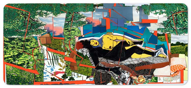 Mickalene Thomas, Sleep: Deux Femmes Noires, 2012. Rhinestones, acrylic, and enamel on wood panel, 108 x 240 in (274.3 x 609.6 cm). © Mickalene Thomas.
