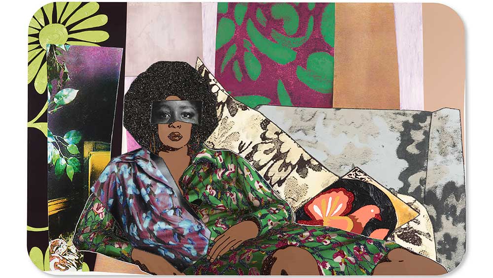 Mickalene Thomas, Afro Goddess Looking Forward, 2015. Rhinestones, acrylic, and oil on wood panel, 60 x 96 in (152.4 x 243.8 cm). © Mickalene Thomas.