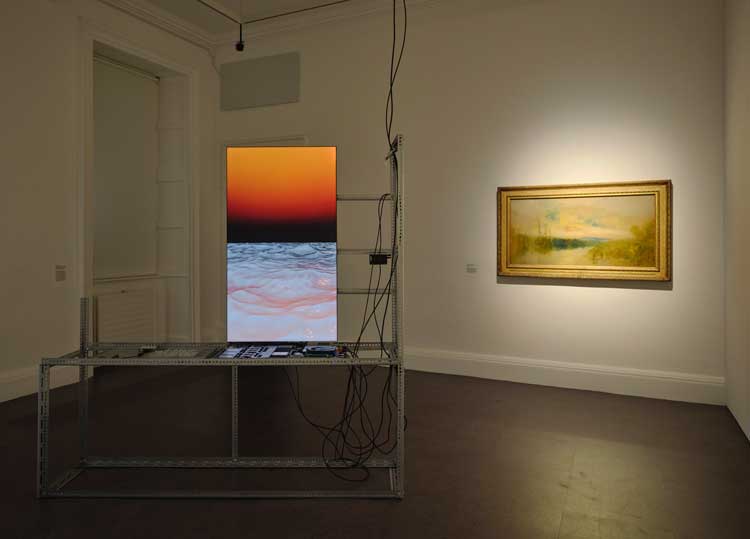 Yuri Pattison, Sun[set] (Provisioning), 2019 (left) with JMW Turner's sunset. Installation view Take a Breath, IMMA – Irish Museum of Modern Art, Dublin, 14 June 2024 - 17 March 2025. Photo: Ros Kavanagh.